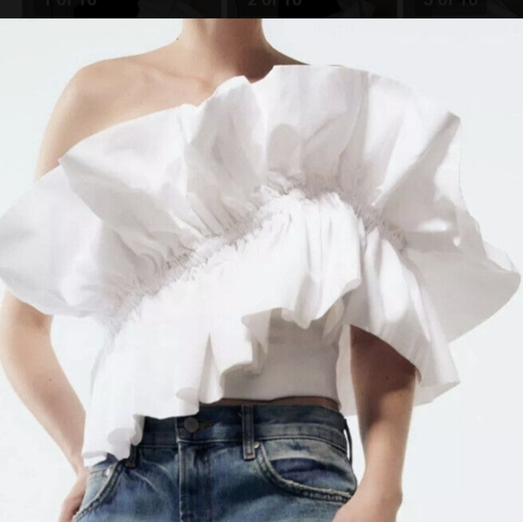 Zara Tops Zara Poplin Top With Ruffles Asymmetric Neckline Small